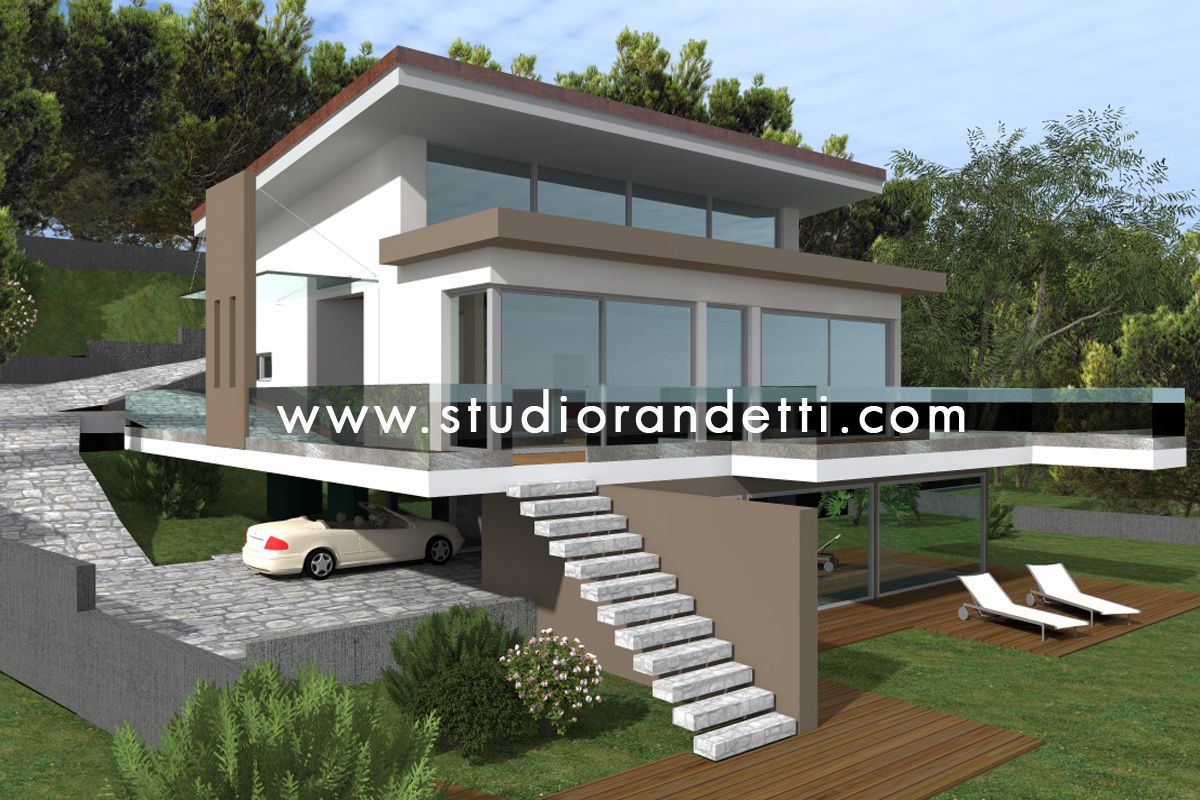 Casa moderna in collina con esterni bianchi e beige, scale, posto auto coperto e giardino paesaggistico.
