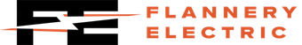 Logo for Flannery Electric. Black symbol with brown line and orange text.