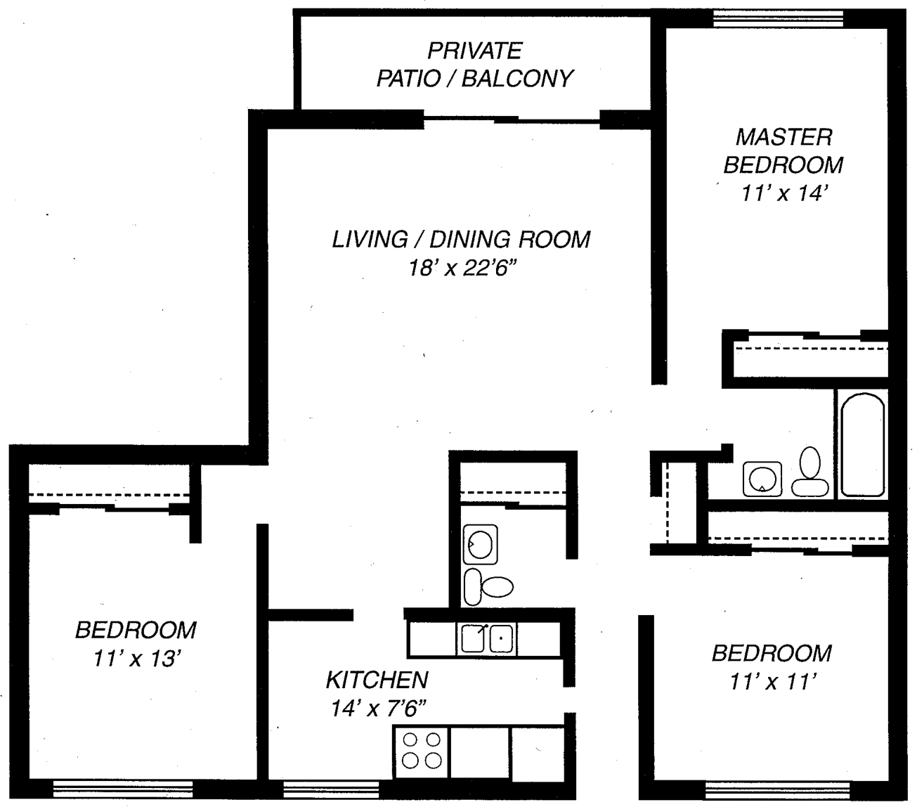 3 bedroom 1.5 bathroom floorplan