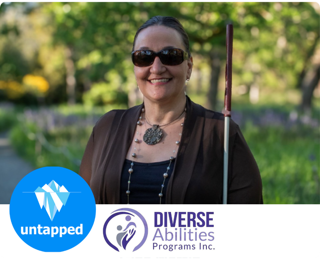 Gina smiling with the untapped and diverse abilities logo below