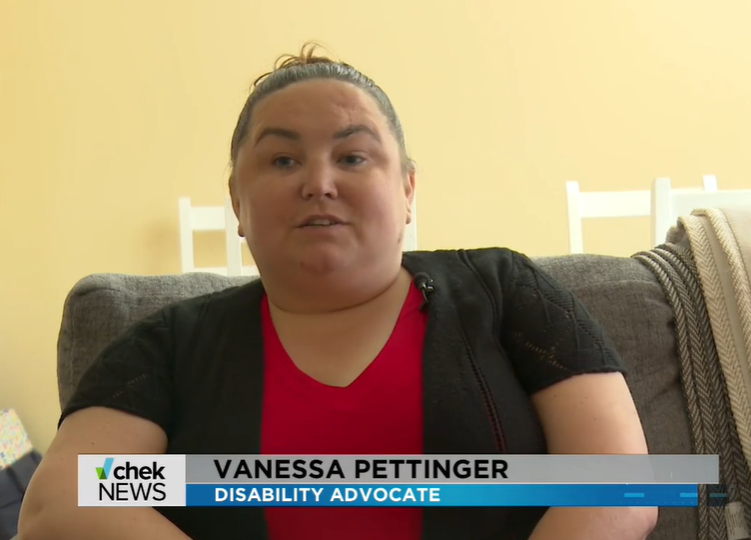 Vanessa in her video interview speaking to the camera with her name and title of disability advocate shown at the bottom.