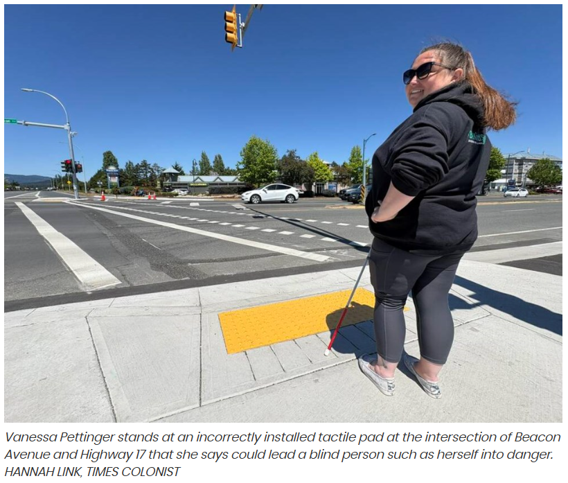 Photo with Caption: Vanessa stands at an incorrectly installed tactile pad at the intersection of Beacon Ave and Highway 17 that she says could lead a blind person such as herself into danger. Hannah Link, Times Colonist
