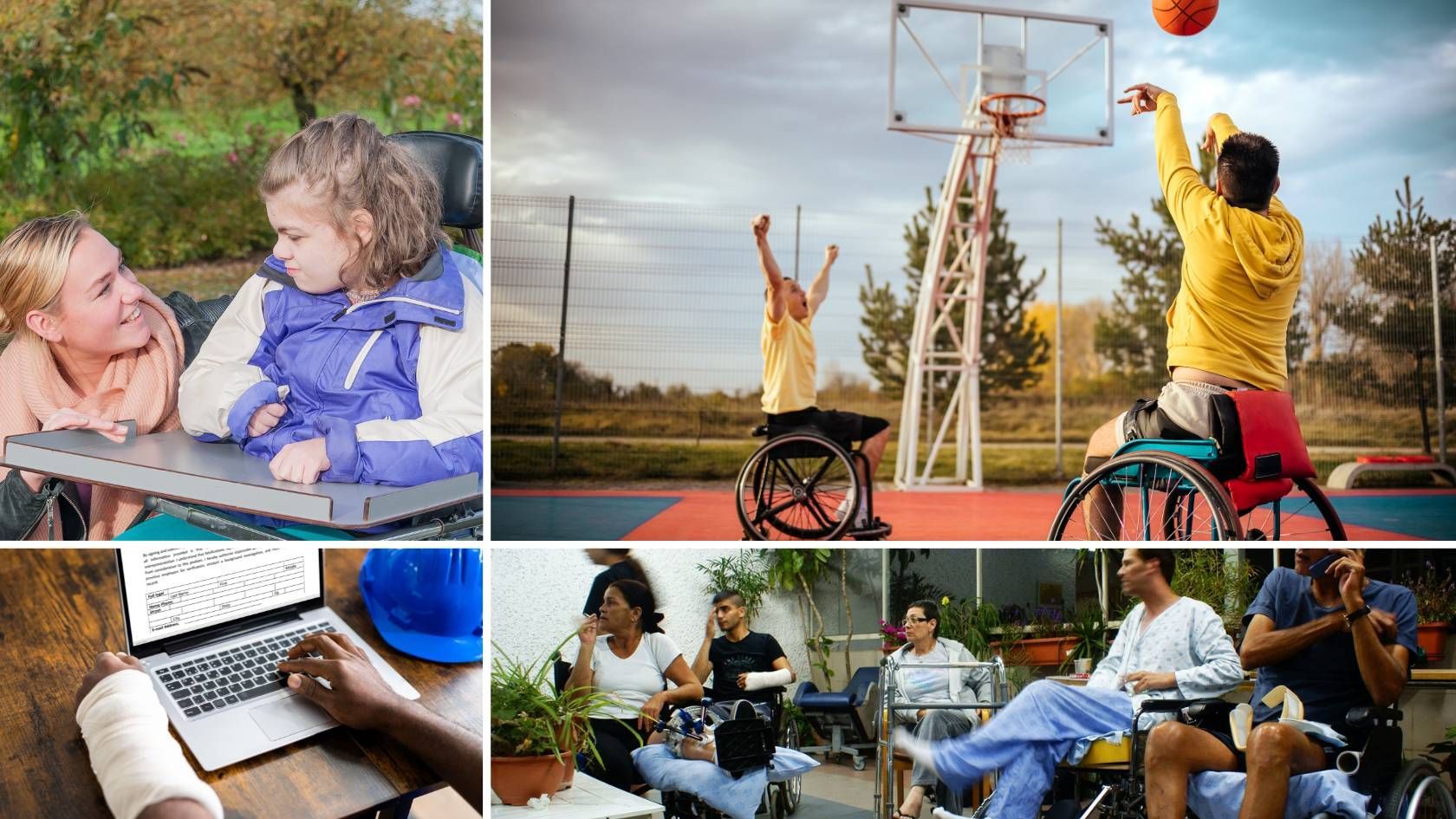 4 image grid: top right is people playing wheelchair basketball, top left is woman talking to a child in a wheelchair, bottom left is a laptop with the user's arms showing, one arm is broken, bottom right is a hospital setting with multiple people with various injuries and disabilities.