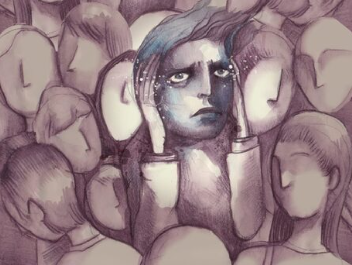 A crowd of blank-faced cartoon people surrounding a sad, blue-faced person holding their head with both hands, indicating racing thoughts.