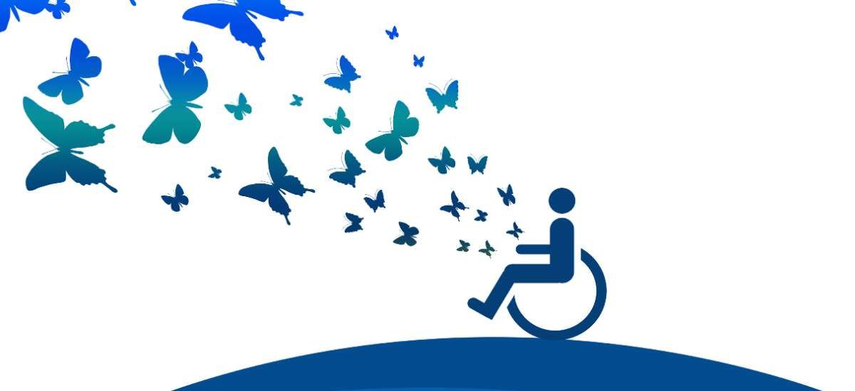 A blue wheelchair icon on a blue hill with butterflies flying upward to the left corner in various shades of blue.