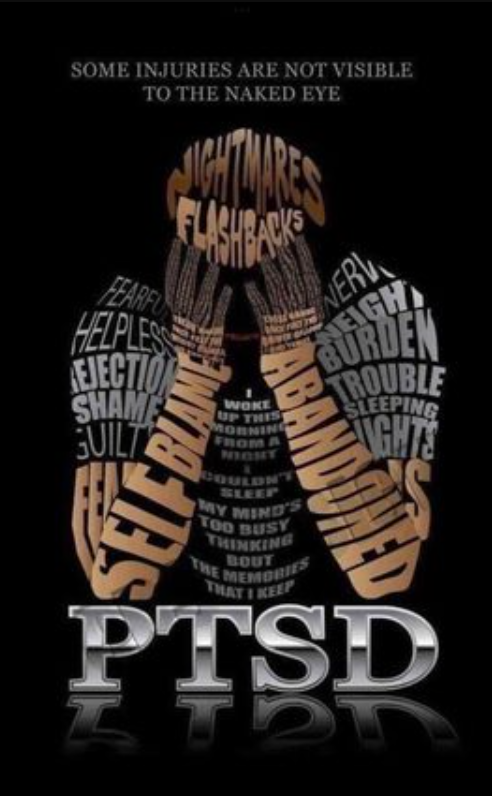 Descriptive words for feelings experienced with PTSD in the shape of a person holding their face/head with both hands.