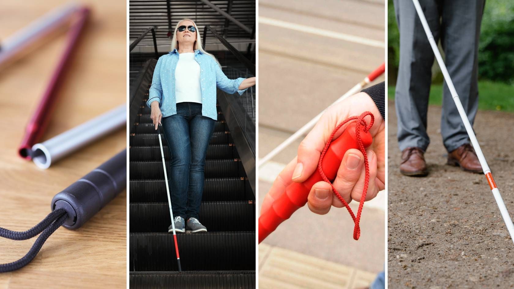 4 images of various types of mobility assistive canes