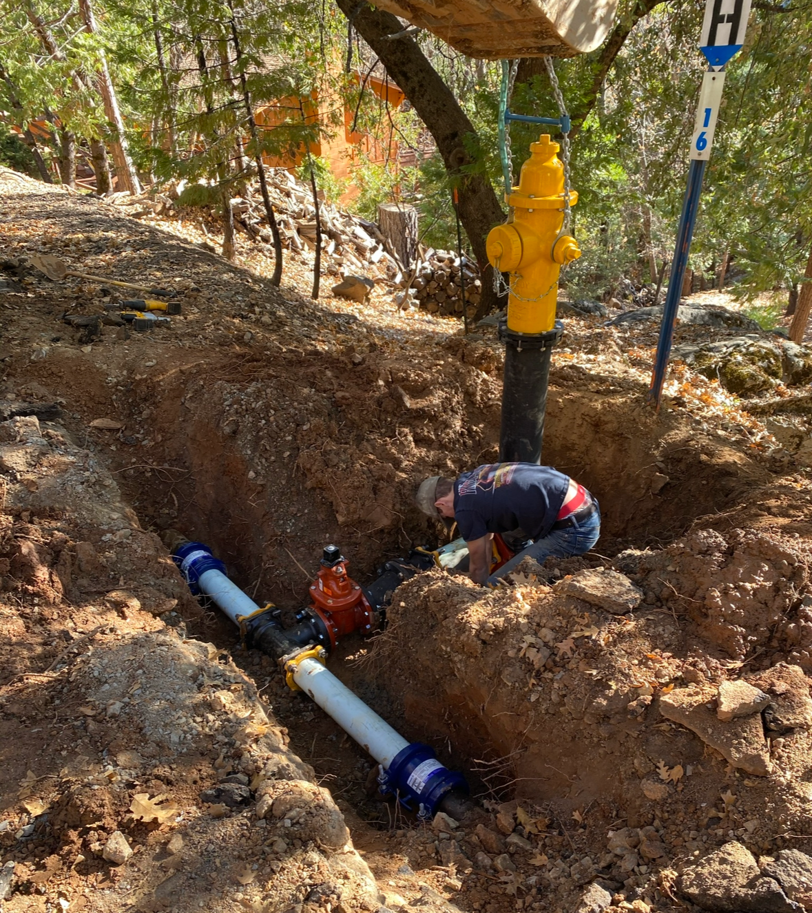 A worker installs piping and valves in a trench next to a yellow fire hydrant in a wooded area.