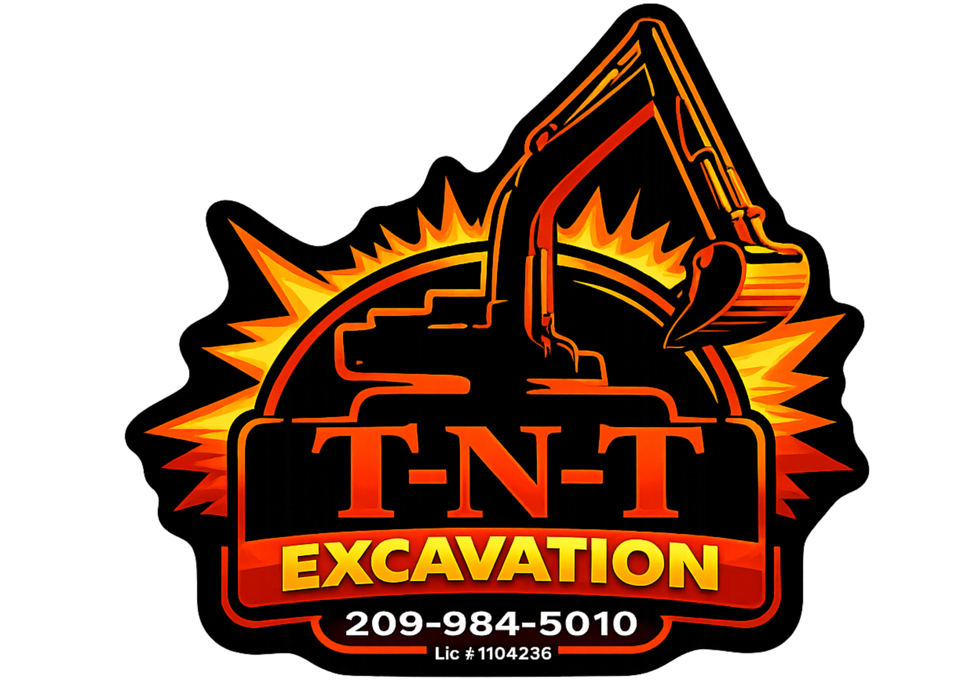 Logo for TNT Excavation featuring an excavator silhouette, fiery orange-to-red sunburst, contact info, and license number.