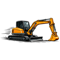 A black and white icon of a bulldozer on a white background.