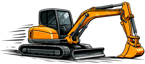 Orange excavator with black tracks and a raised bucket digging on a white background