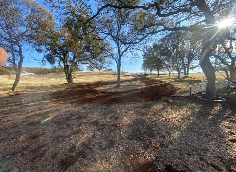 A sunlit rural landscape features a path of freshly tilled dark soil curving through grass between large oak trees.