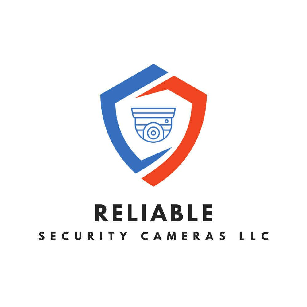 Logo for Reliable Security Cameras LLC: blue and red shield with security camera inside, text below.