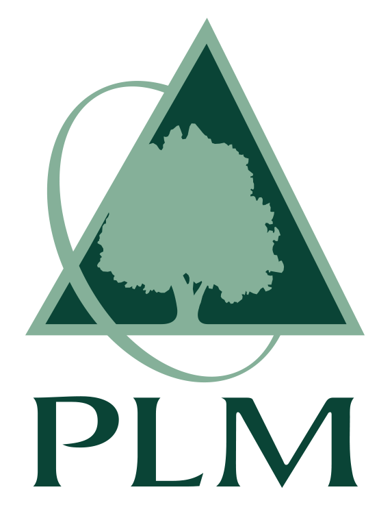 A logo featuring a light green tree silhouette centered inside a dark green triangle, with the letters "PLM" below.