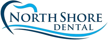 North Shore Dental logo with blue wave and dark blue text