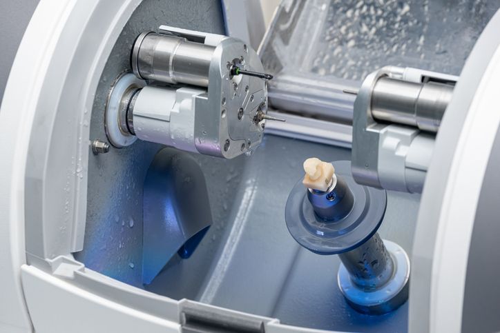 Two metal machine parts inside a white industrial chamber, with a small blue component in front.