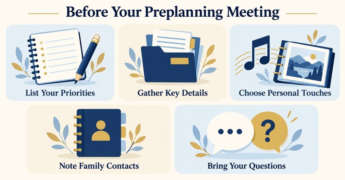 Five illustrated steps for a funeral preplanning meeting in Jasper, TN.