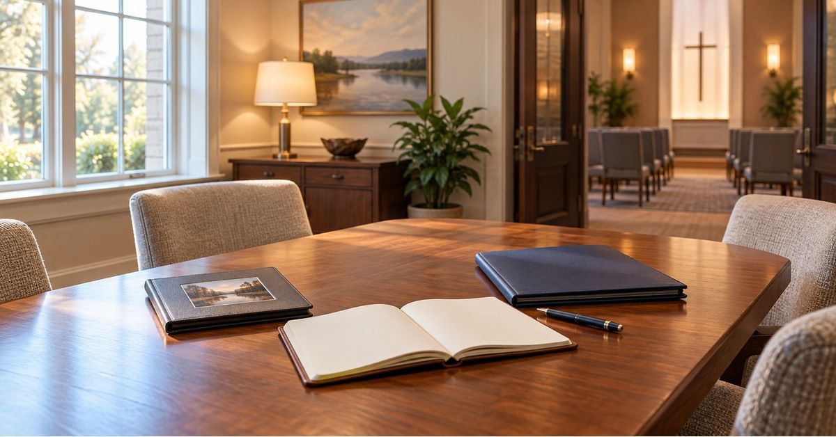 Funeral preplanning notebook and family album in a consultation room in Jasper, TN.