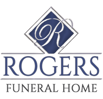 Rogers Funeral Home logo with a blue diamond and script