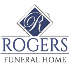 Rogers Funeral Home logo with a blue diamond and script