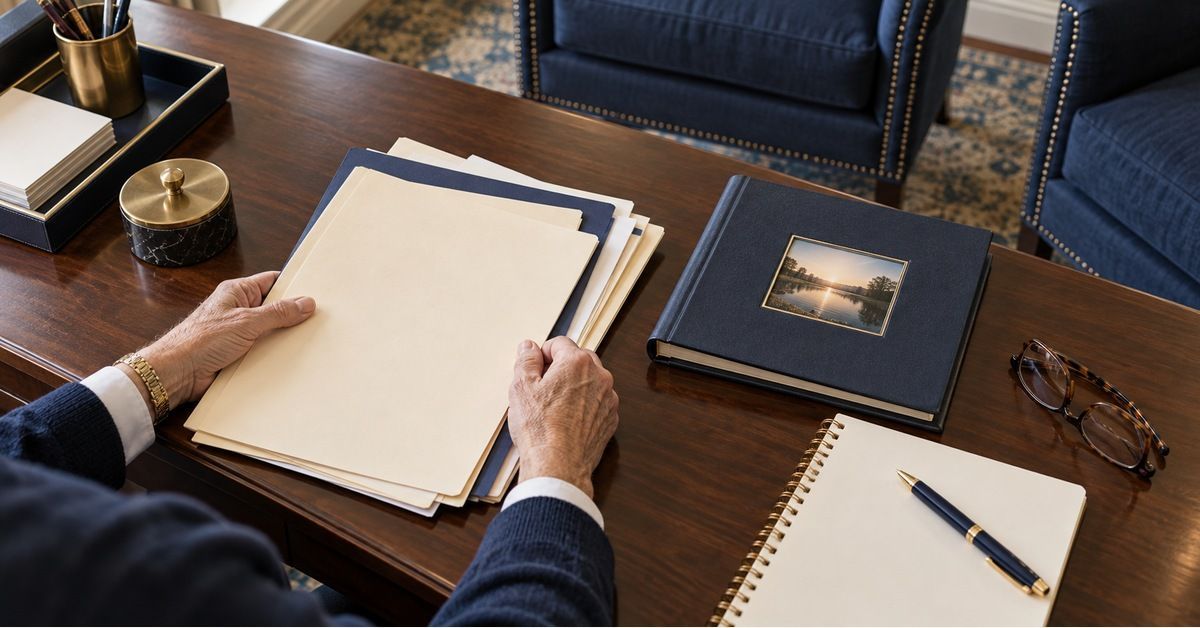 Hands organize funeral planning documents and a family album in Jasper, TN.