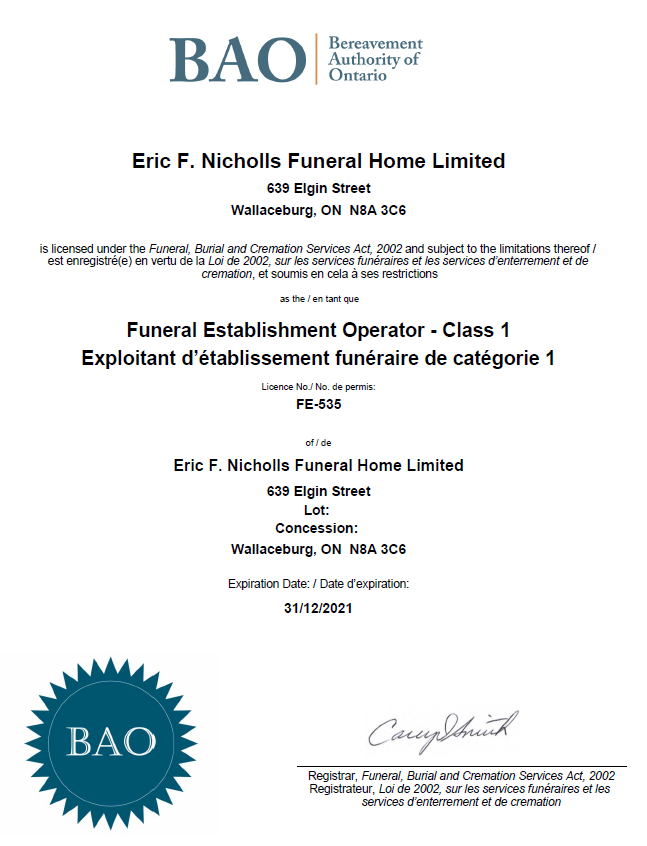 BAO certificate for Eric F. Nicholls Funeral Home Limited, with teal seal and signature