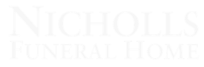 Pale logo reading &ldquo;Nicholls Funeral Home&rdquo; on a light background