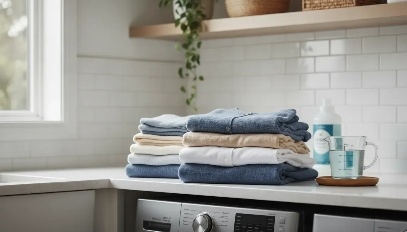 Folded laundry and detergent in a bright laundry room