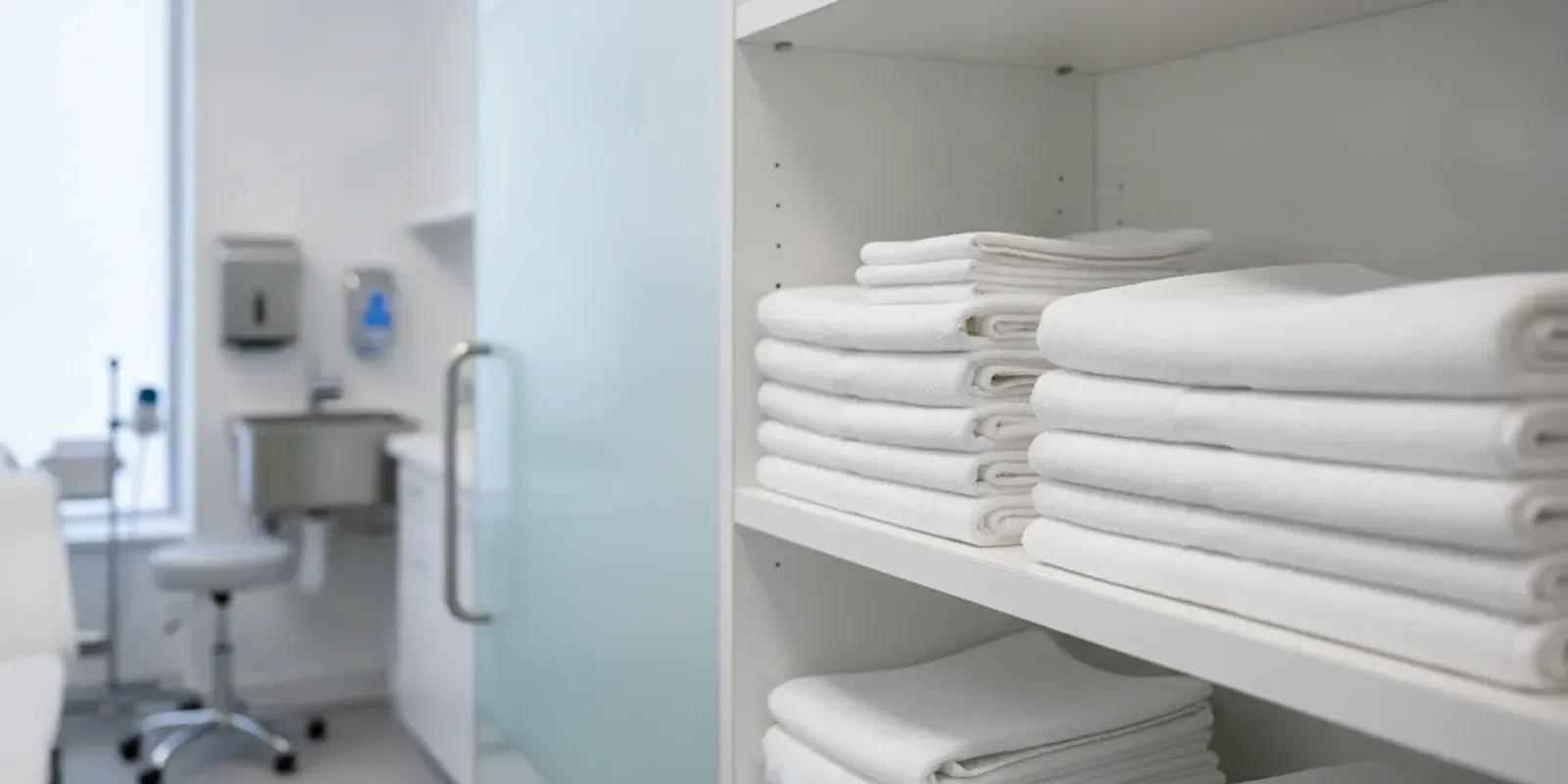 Folded white linens on a clean counter in a medical office supply area