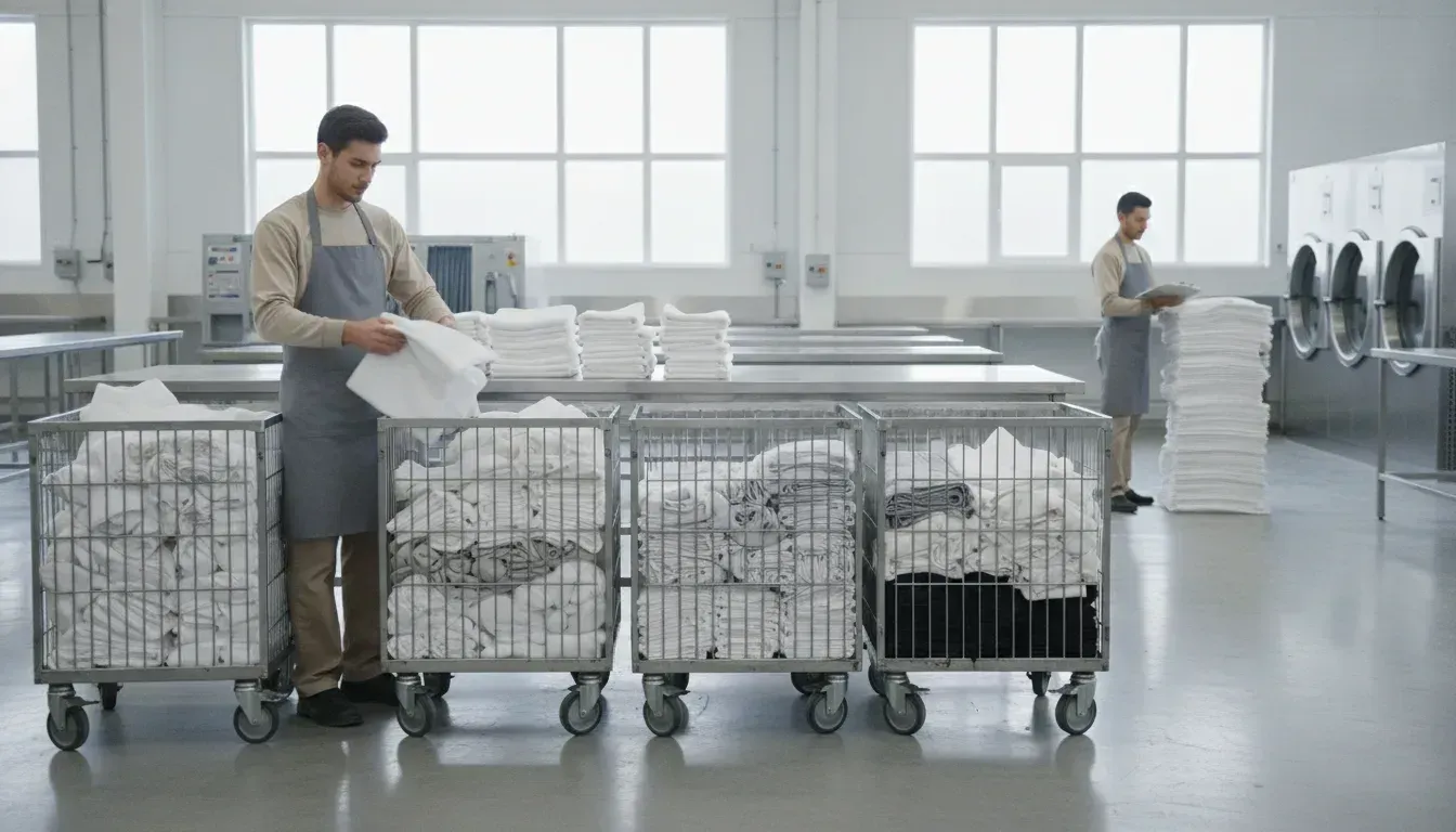 Commercial laundry staff sorting clean towels, linens, and uniforms for business delivery