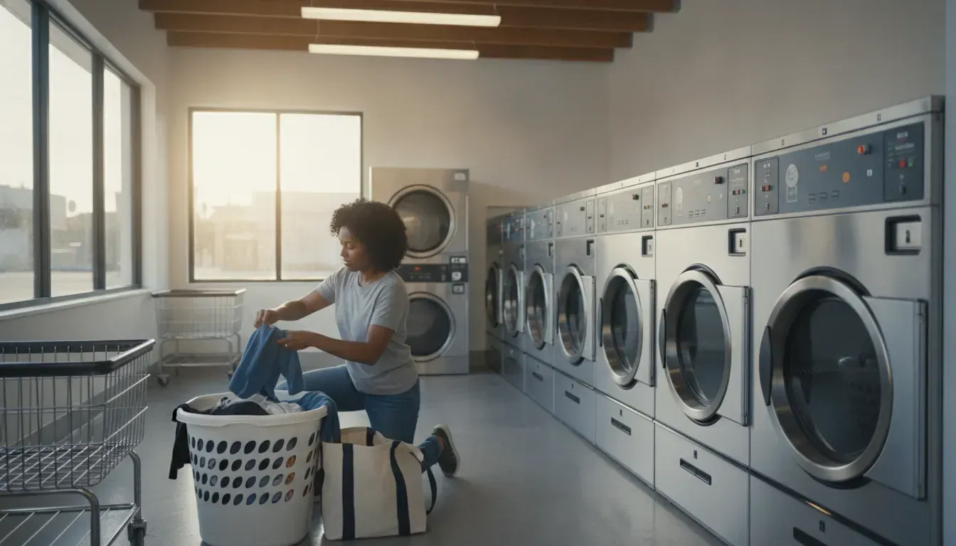 Los Angeles laundromat with commercial washers and a customer sorting clothes