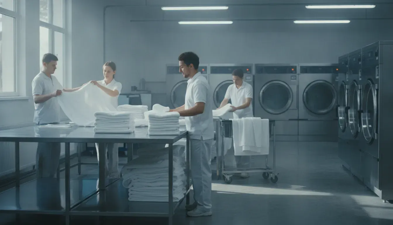 Commercial laundry team sorting clean linens and folded towels in a professional laundry facility for business service