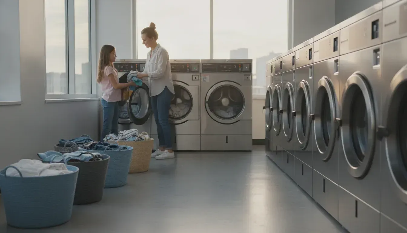 Large-family laundry workflow with organized baskets and high-capacity washers