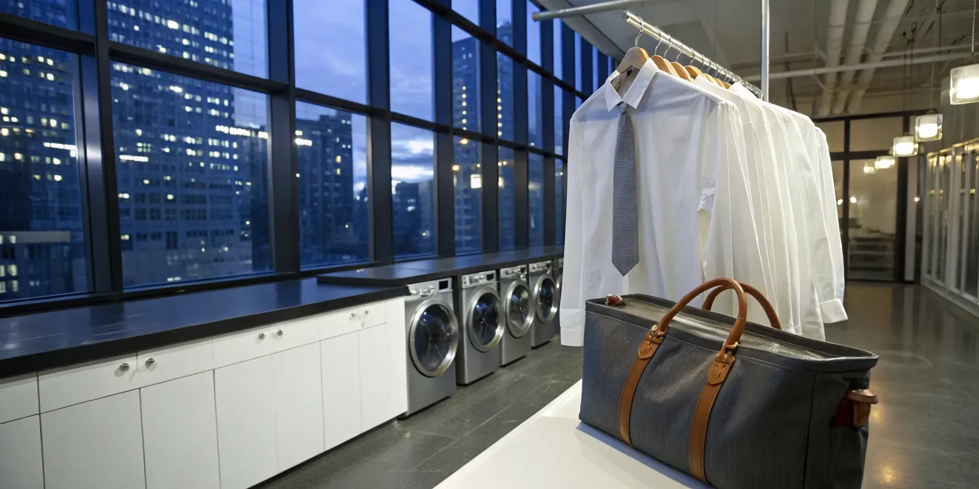 Overnight laundry service with clean shirts on hangers and a travel bag ready for pickup.