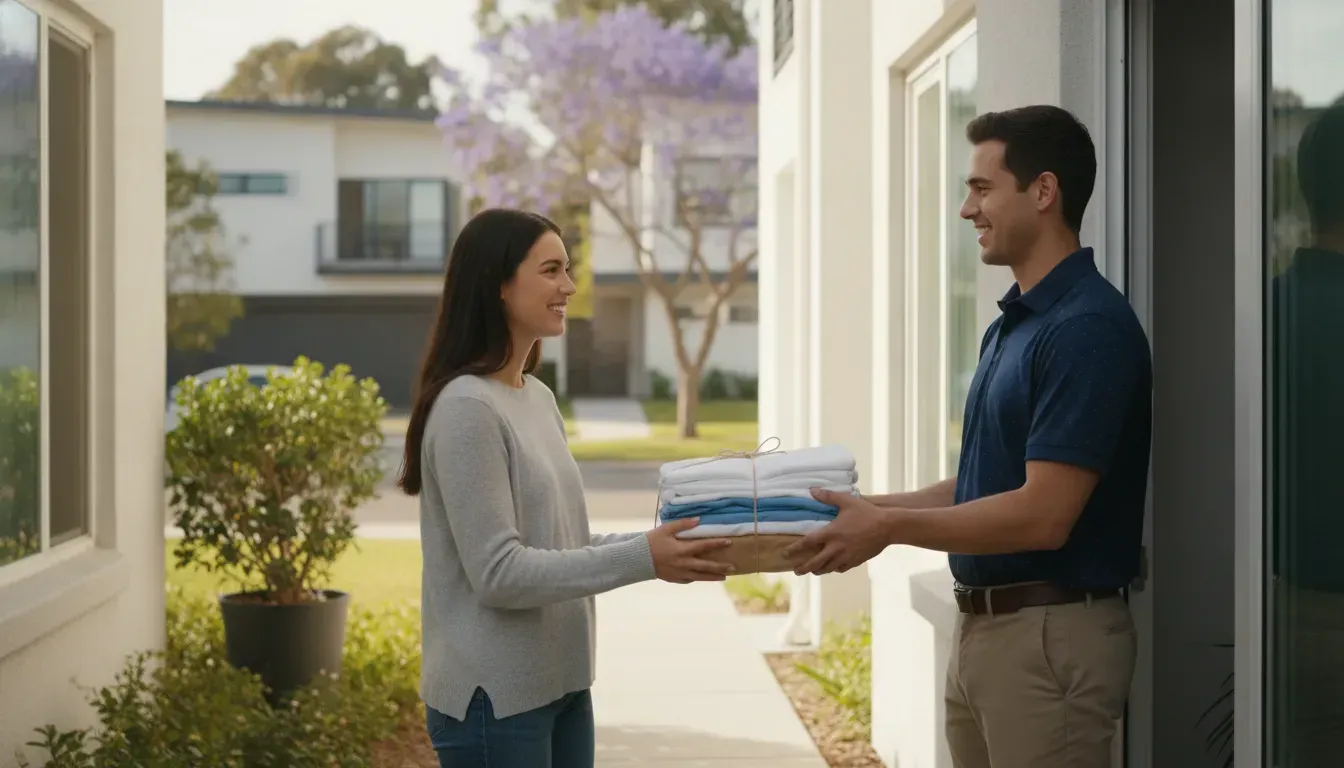 A laundry courier handing a neatly folded stack of clean laundry to a smiling resident at a Glendale