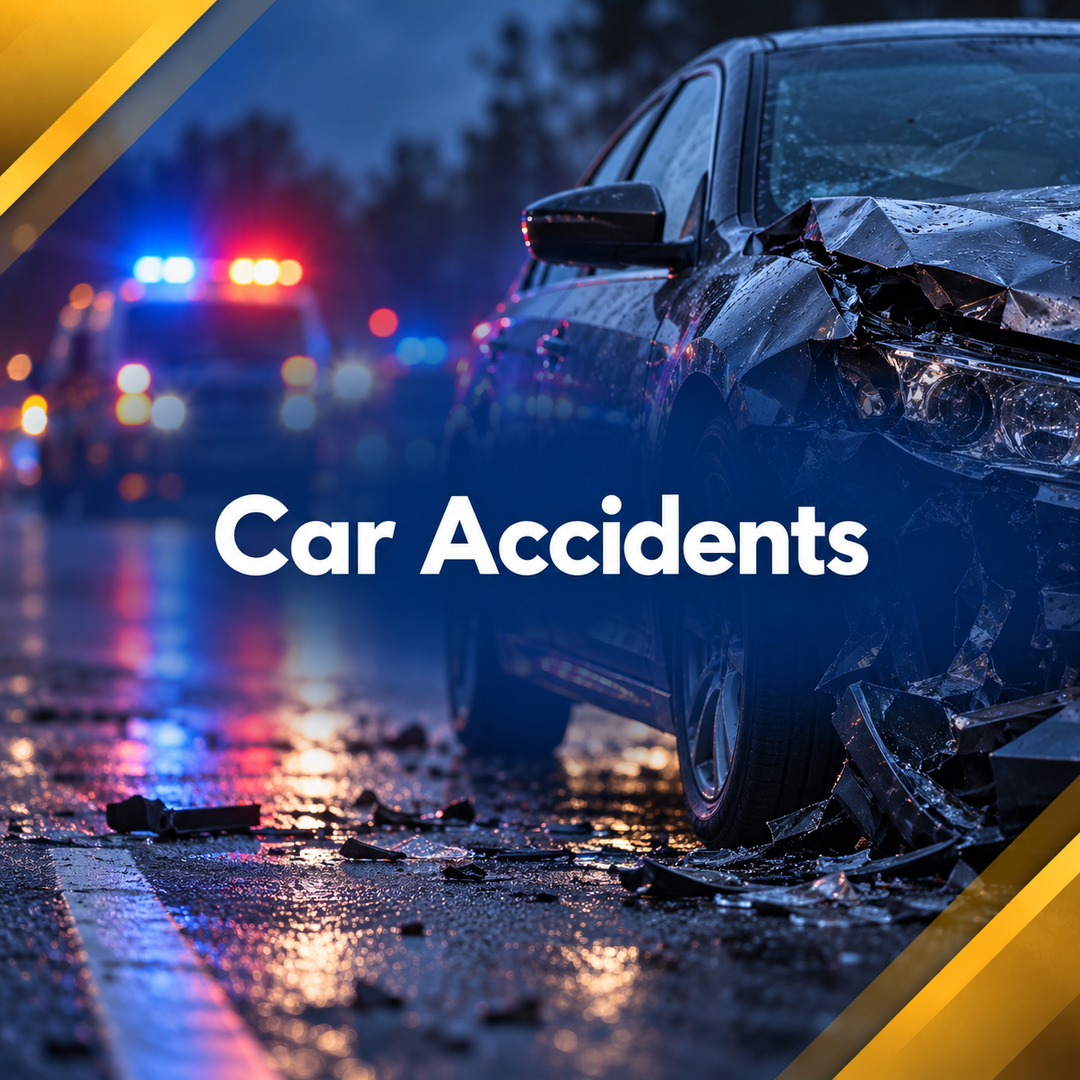 Severely damaged car on wet road with flashing police lights in the background, labeled “Car Accidents”