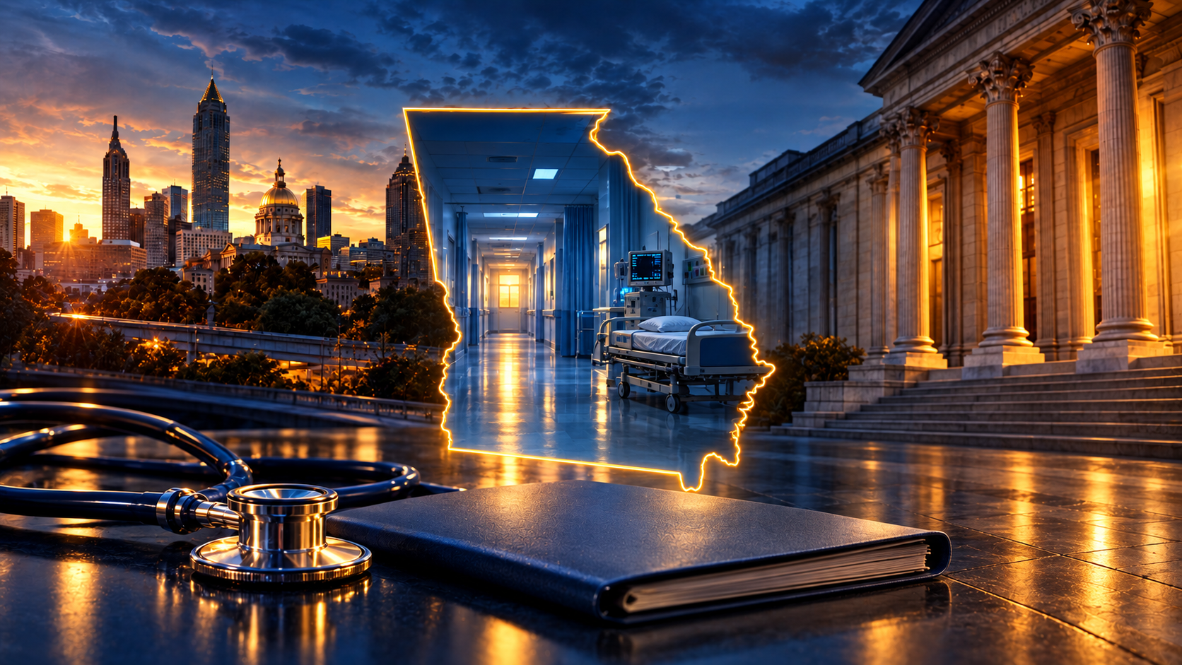 Luxury desk by a glowing city skyline at dusk, with a tablet and modern architecture reflected in water