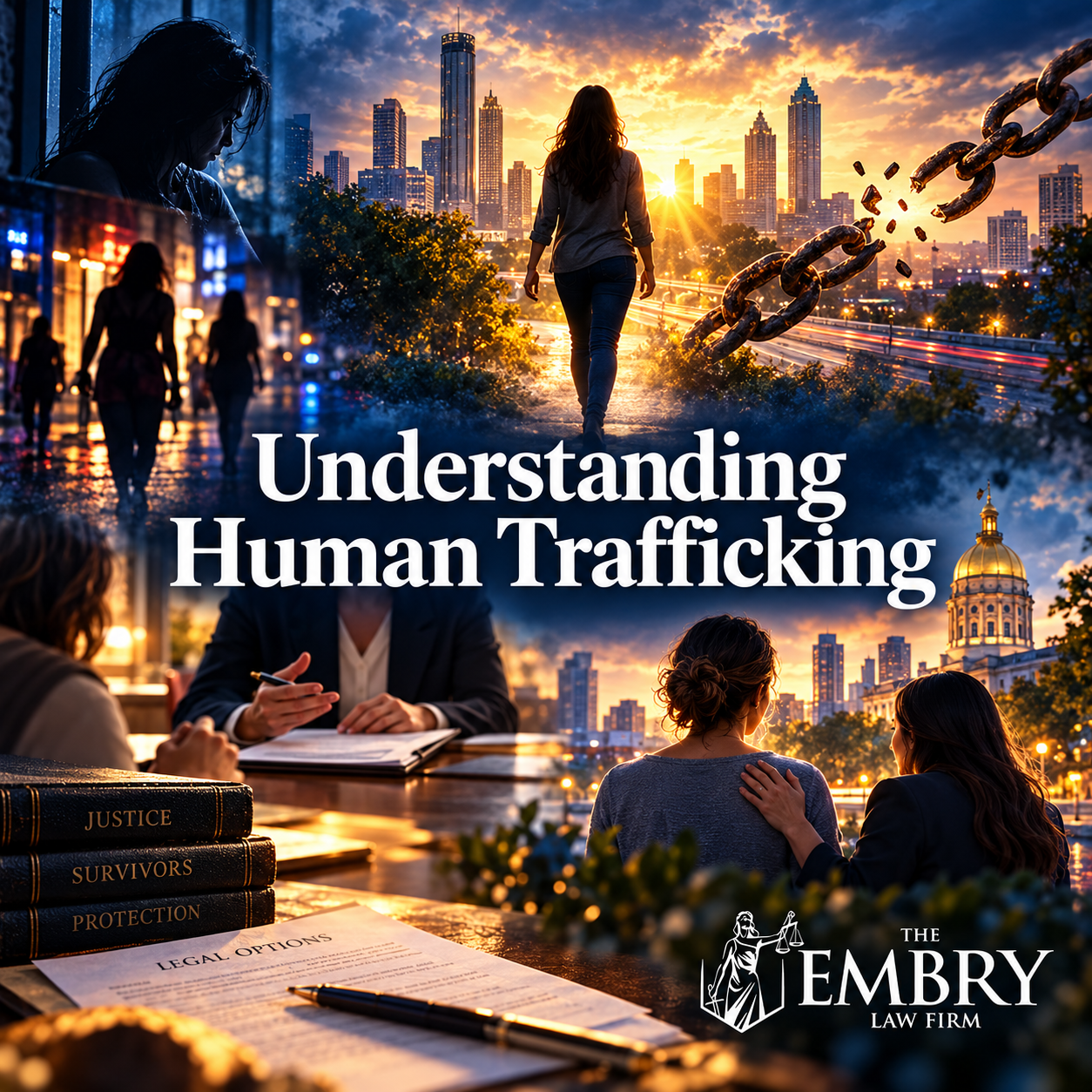 Book cover with city skyline, silhouettes, chains, and the title “Understanding Human Trafficking”