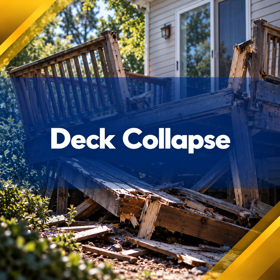 Collapsed wooden deck beside a house, with debris scattered in a yard.