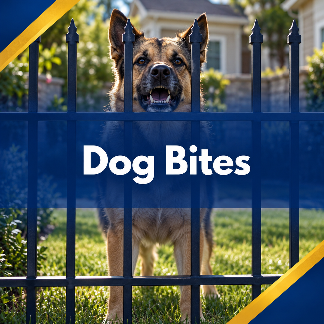 Dog behind a black fence with bold text “Dog Bites” on a blue banner