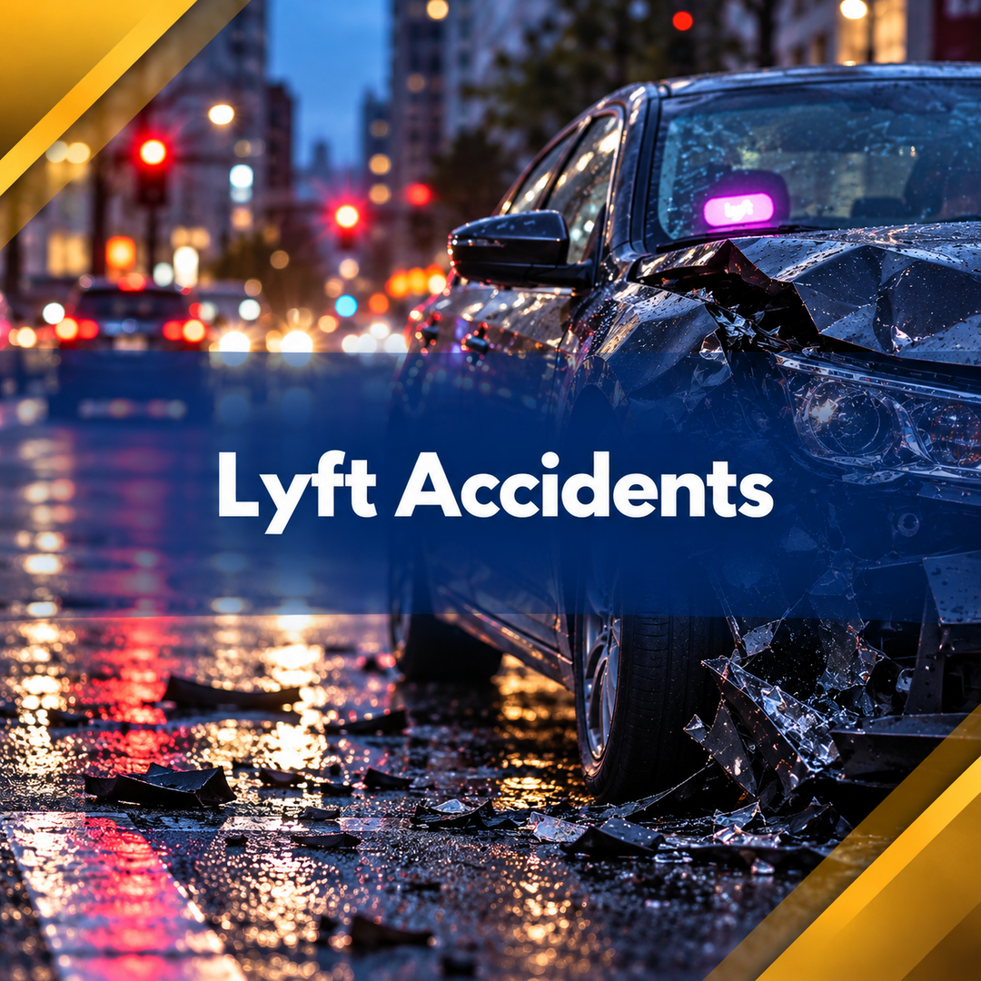 Damaged car in rainy city street with “Lyft Accidents” text overlay