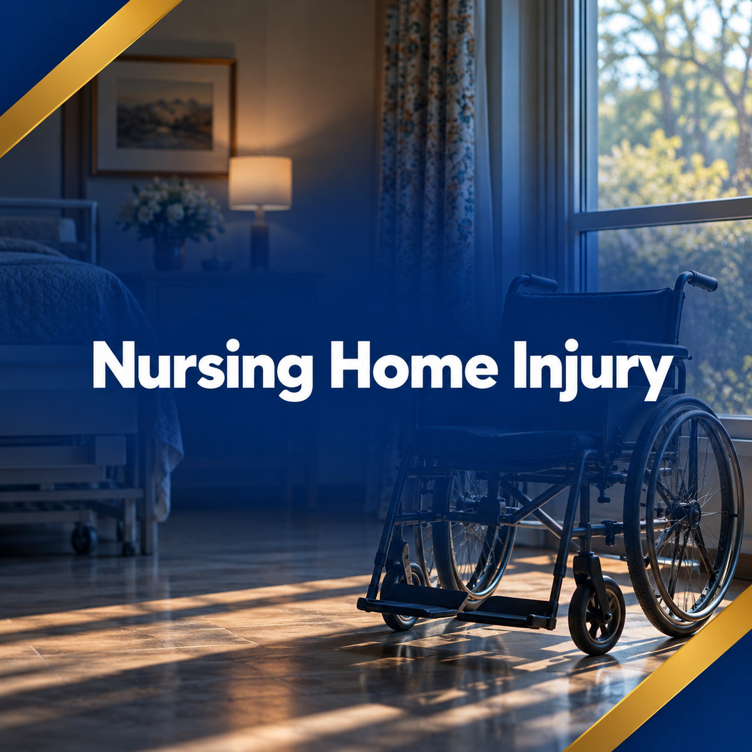 Nursing home room with wheelchair by sunlit window and lamp, blue overlay text