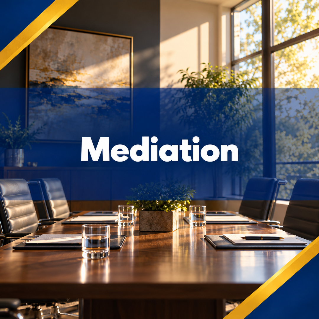 Conference room with wooden table, chairs, and sunlit windows, overlaid with “Mediation” text