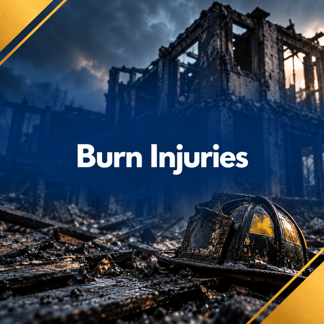 Charred firefighter helmet in a burned building scene with the text “Burn Injuries”