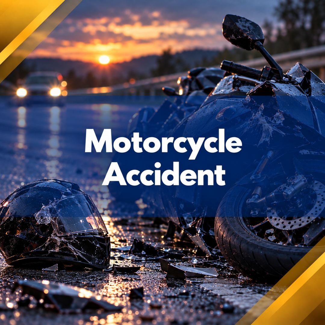 Crashed motorcycle on wet road at dusk with “Motorcycle Accident” text overlay