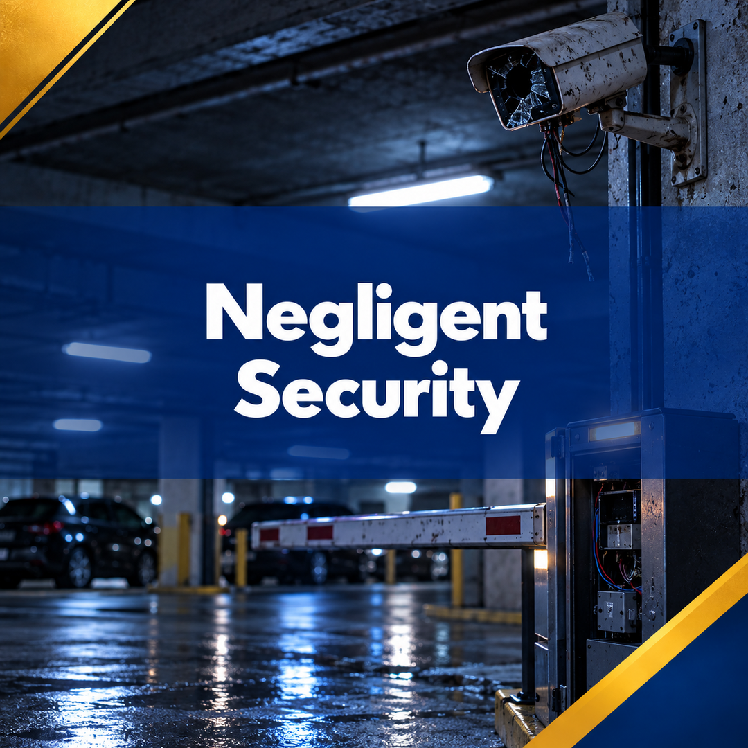Wet underground parking garage with bold text reading “Negligent Security”