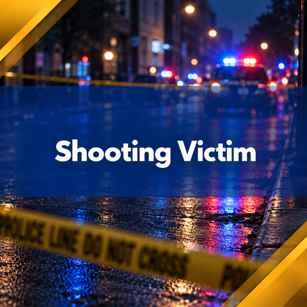 Police tape at a rainy crime scene at night with the words “Shooting Victim” overlaid.