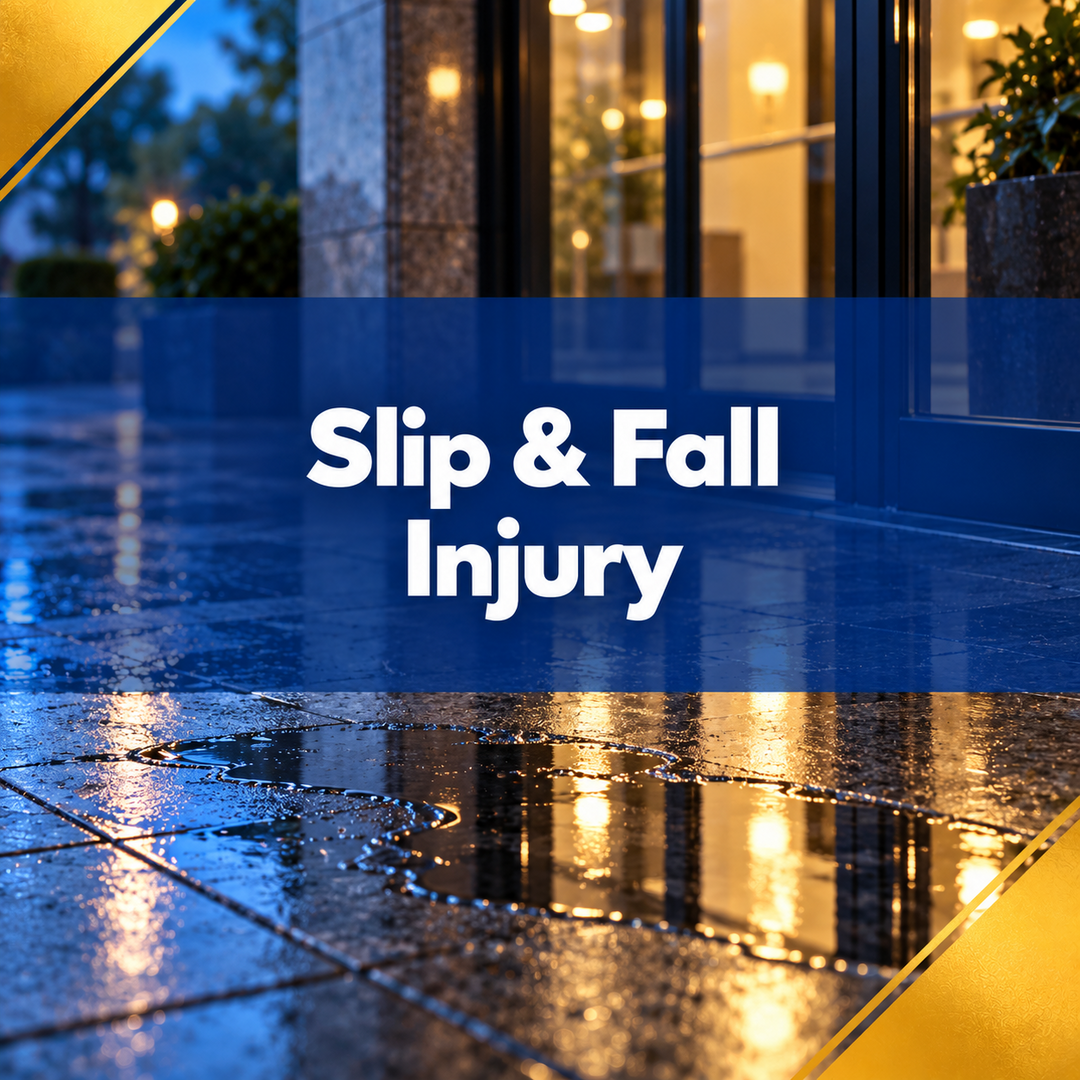 Wet sidewalk at night with blue banner reading “Slip & Fall Injury”