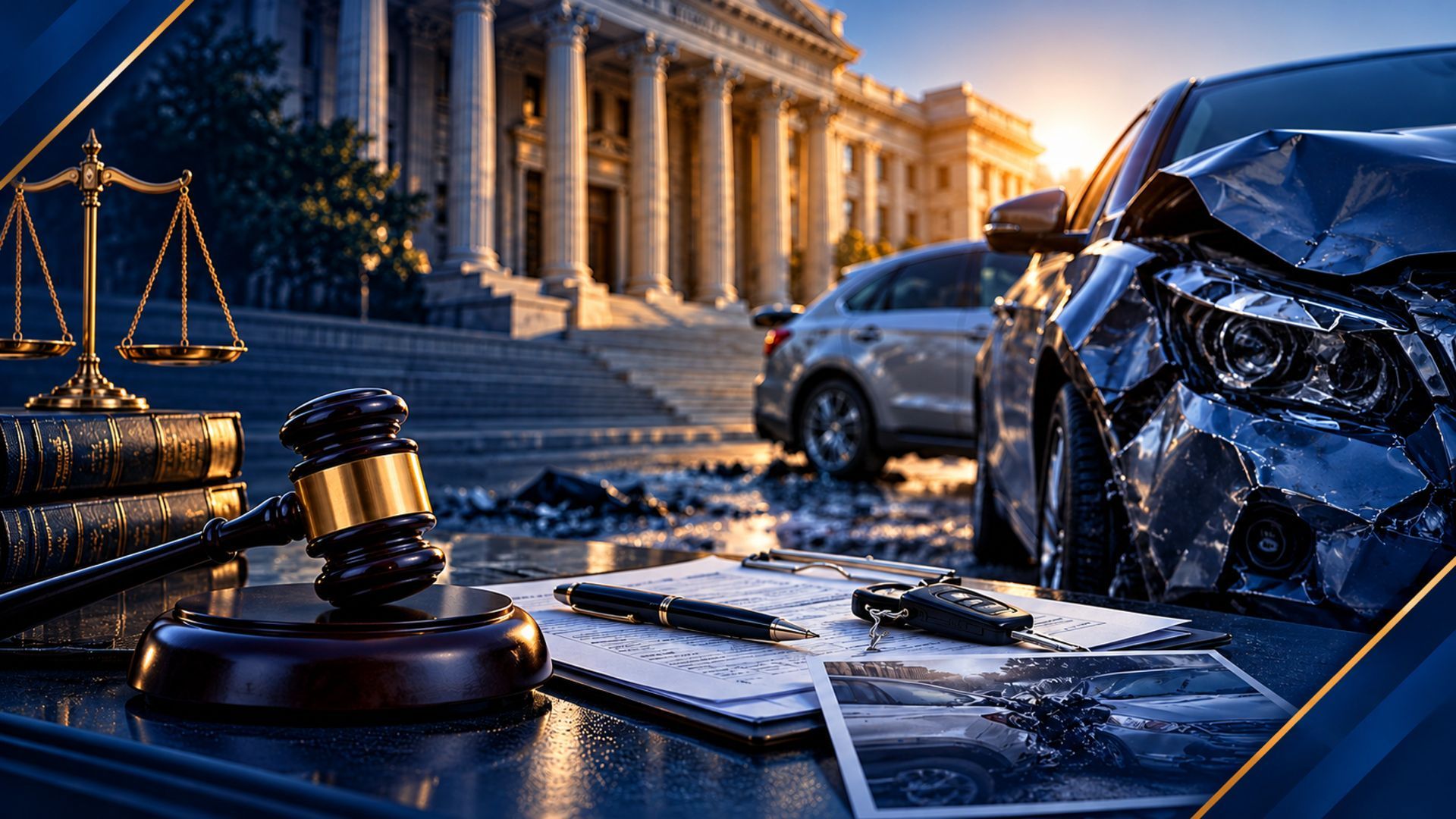 Crash scene on a city street at sunset, with a damaged black car and a hand holding a phone map.