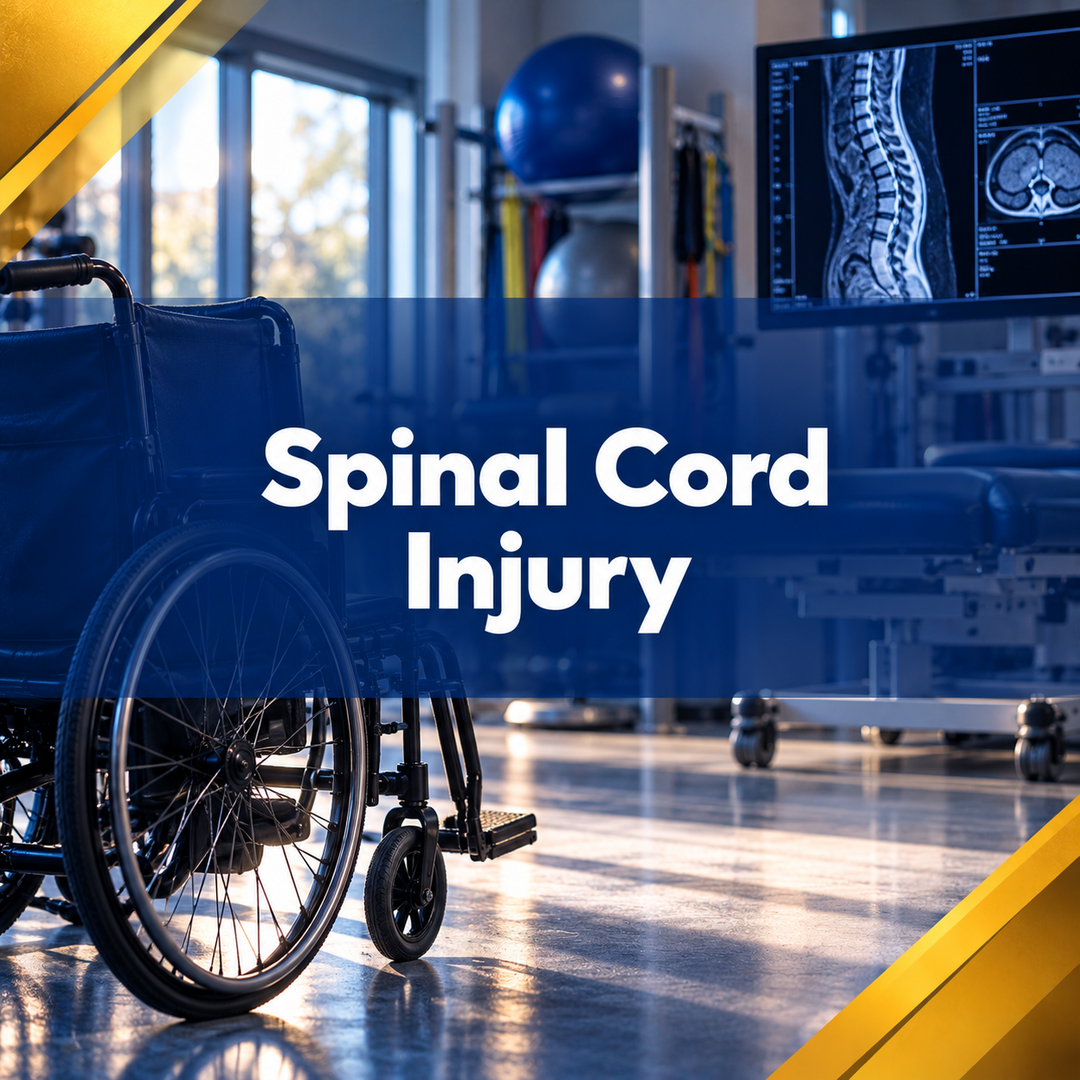 Wheelchair in rehab gym with spinal scan on monitor and bold text “Spinal Cord Injury”